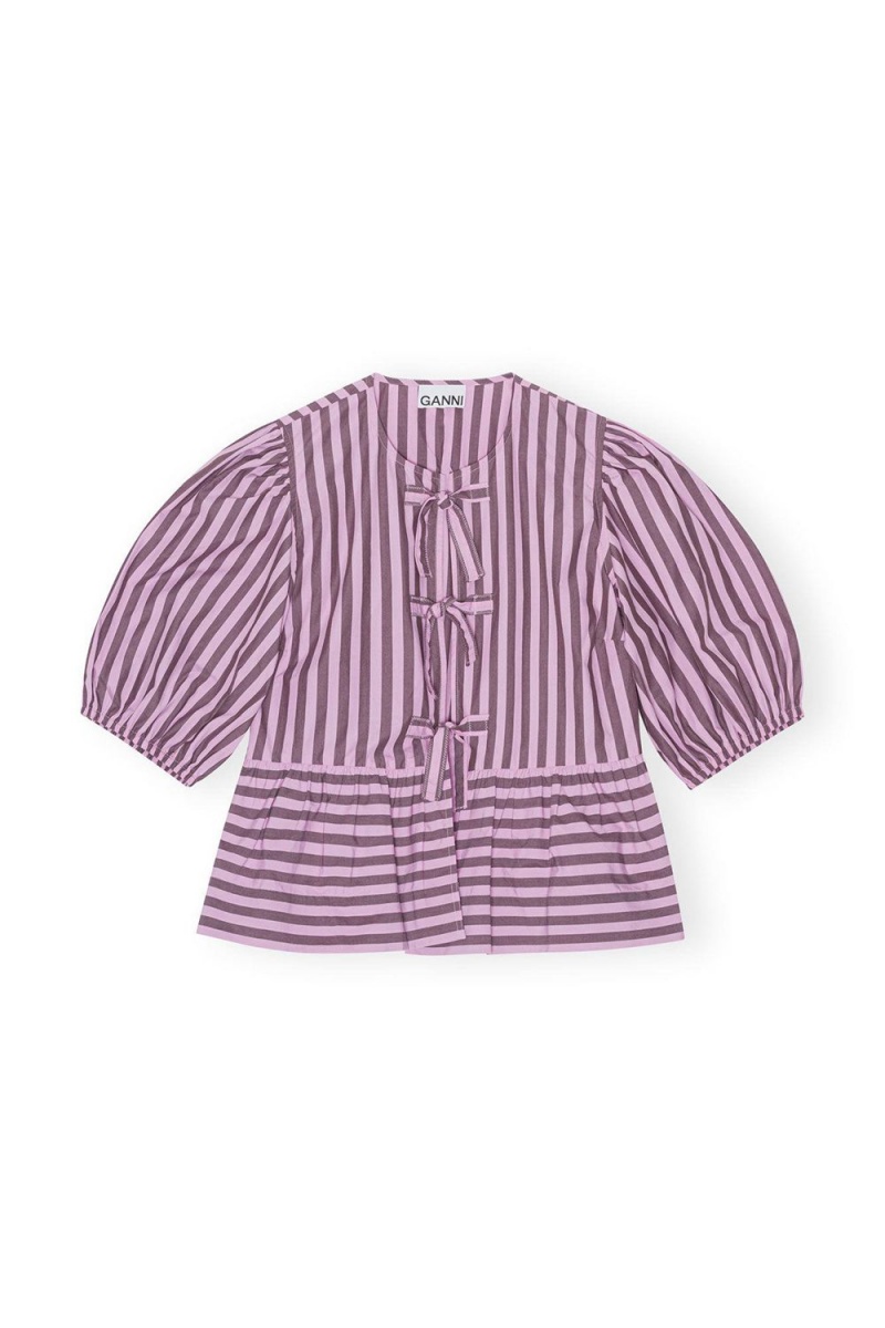 Purple Women's Ganni Striped Cotton Poplin Peplum Tie Blouse | 54NPDMRKC