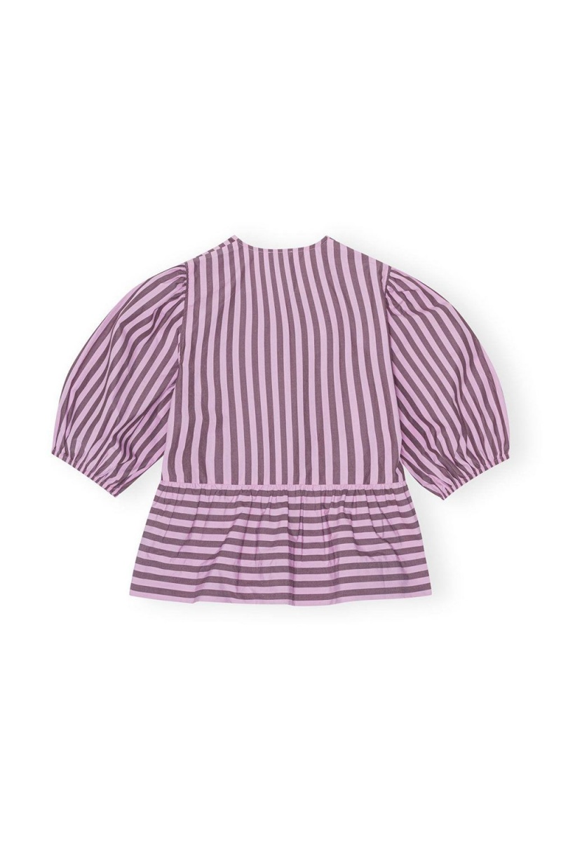 Purple Women's Ganni Striped Cotton Poplin Peplum Tie Blouse | 54NPDMRKC