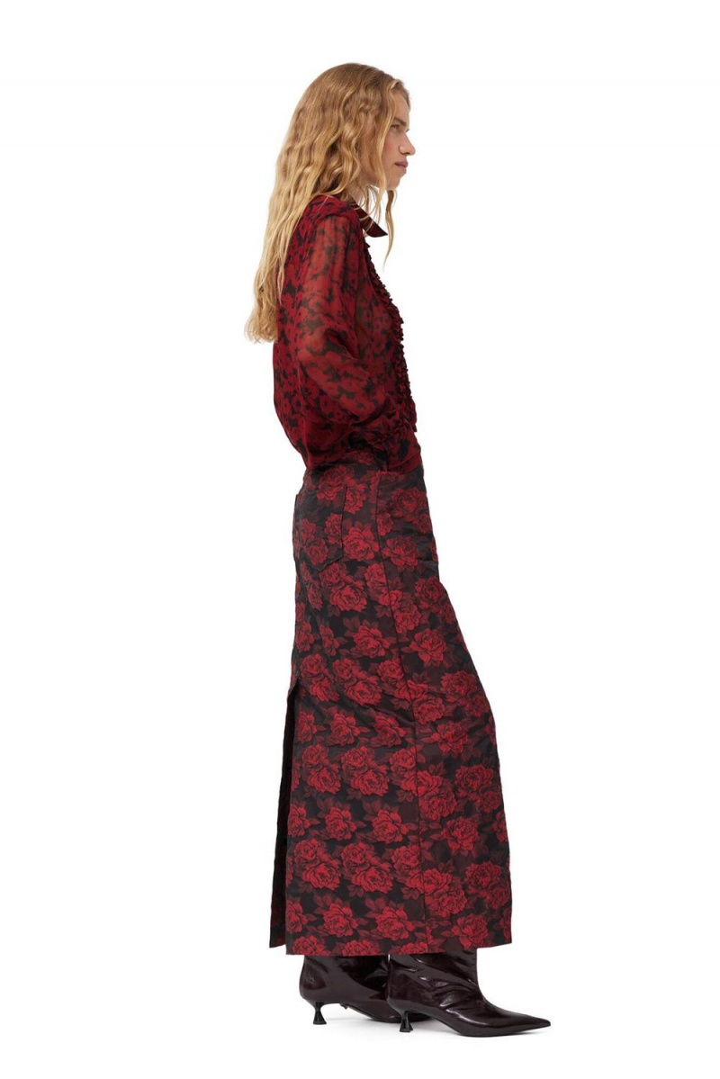 Red Women's Ganni Botanical Jacquard Long Skirt | 45QYXPODE