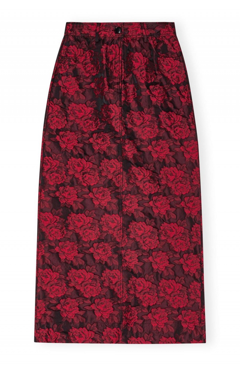 Red Women's Ganni Botanical Jacquard Long Skirt | 45QYXPODE