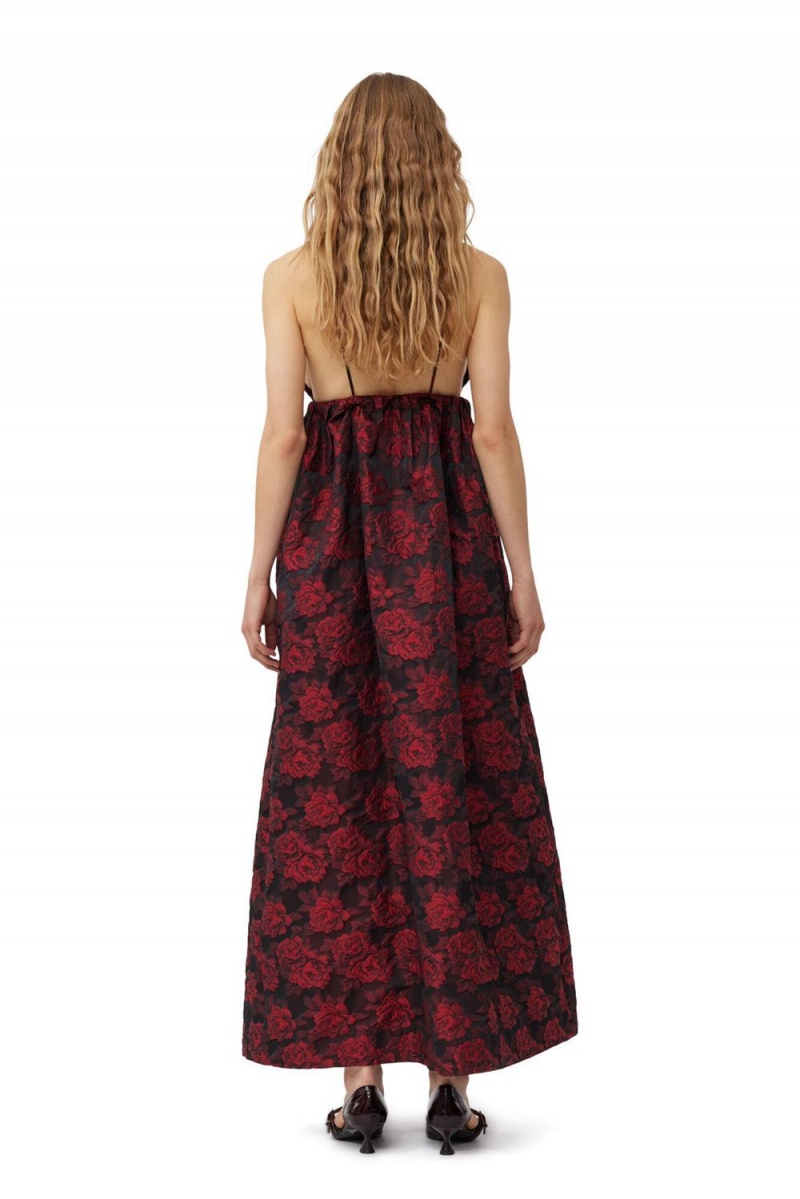 Red Women's Ganni Botanical Jacquard Long Strap Dress | 05XSMHBNF