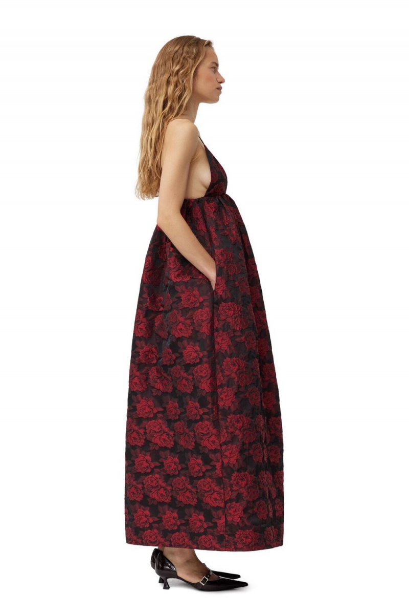 Red Women's Ganni Botanical Jacquard Long Strap Dress | 05XSMHBNF