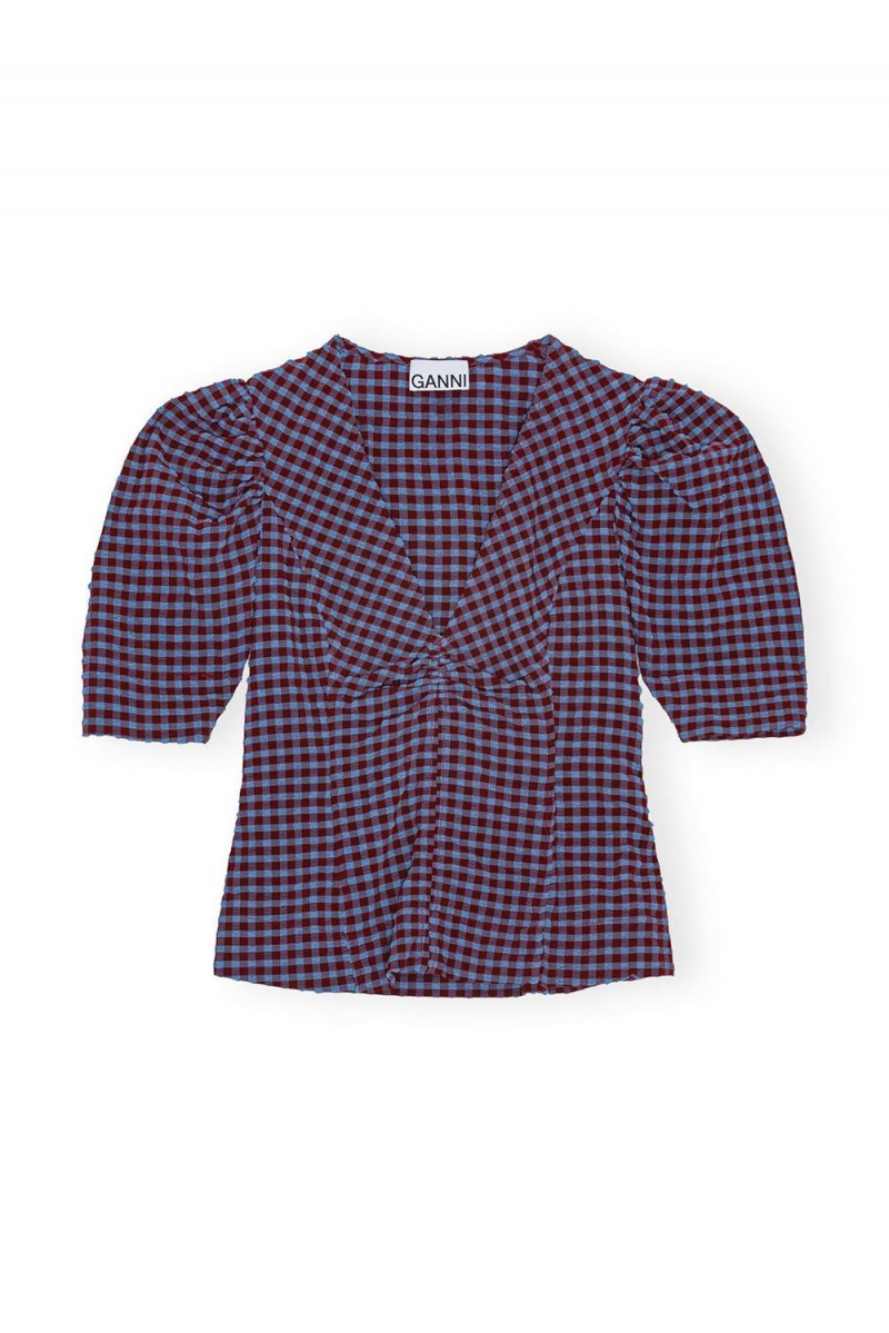 Red Women's Ganni Checkered Seersucker V-neck Blouse | 36LONUTJB