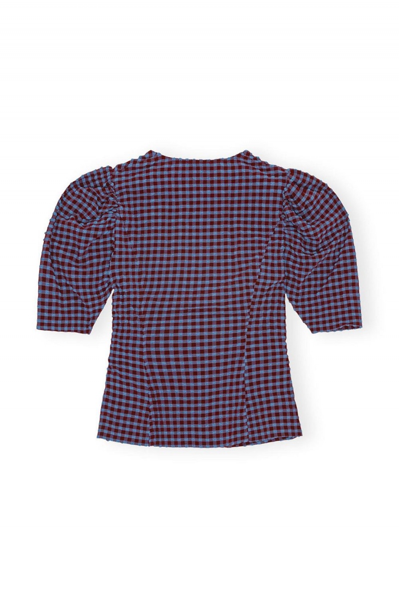 Red Women's Ganni Checkered Seersucker V-neck Blouse | 36LONUTJB