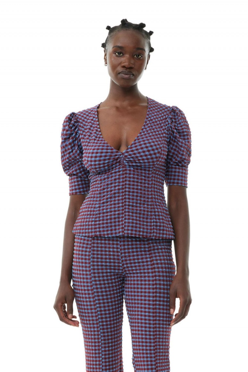 Red Women\'s Ganni Checkered Seersucker V-neck Blouse | 36LONUTJB