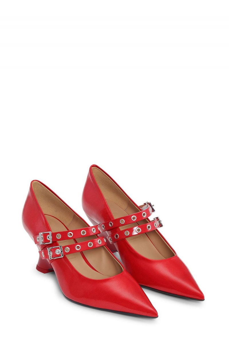 Red Women's Ganni Eyelets Low Wedge Pumps | 34CXDZOPE