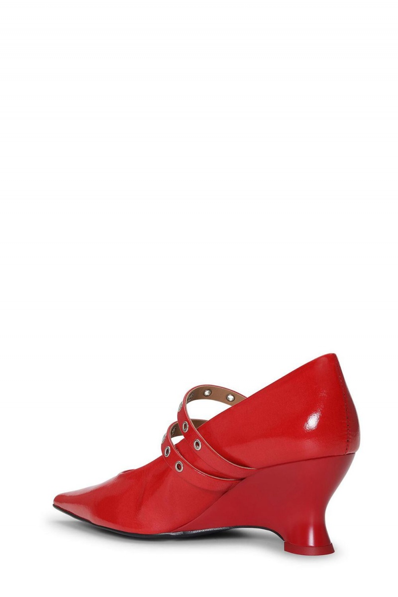 Red Women's Ganni Eyelets Low Wedge Pumps | 34CXDZOPE