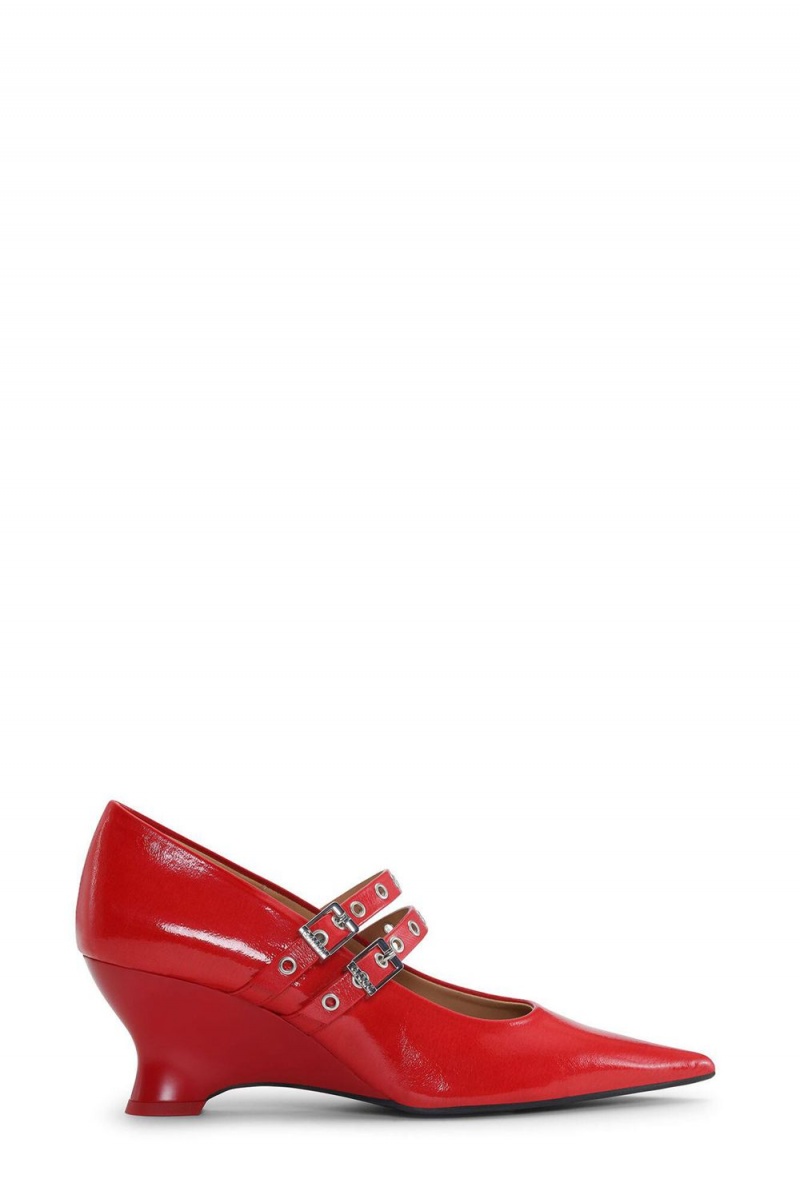 Red Women\'s Ganni Eyelets Low Wedge Pumps | 34CXDZOPE