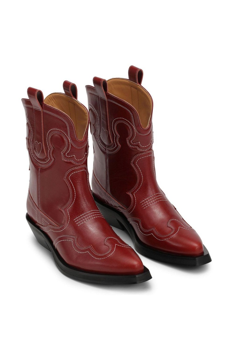 Red Women's Ganni Low Shaft EmbroideWestern Boots | 08RWXAMLY