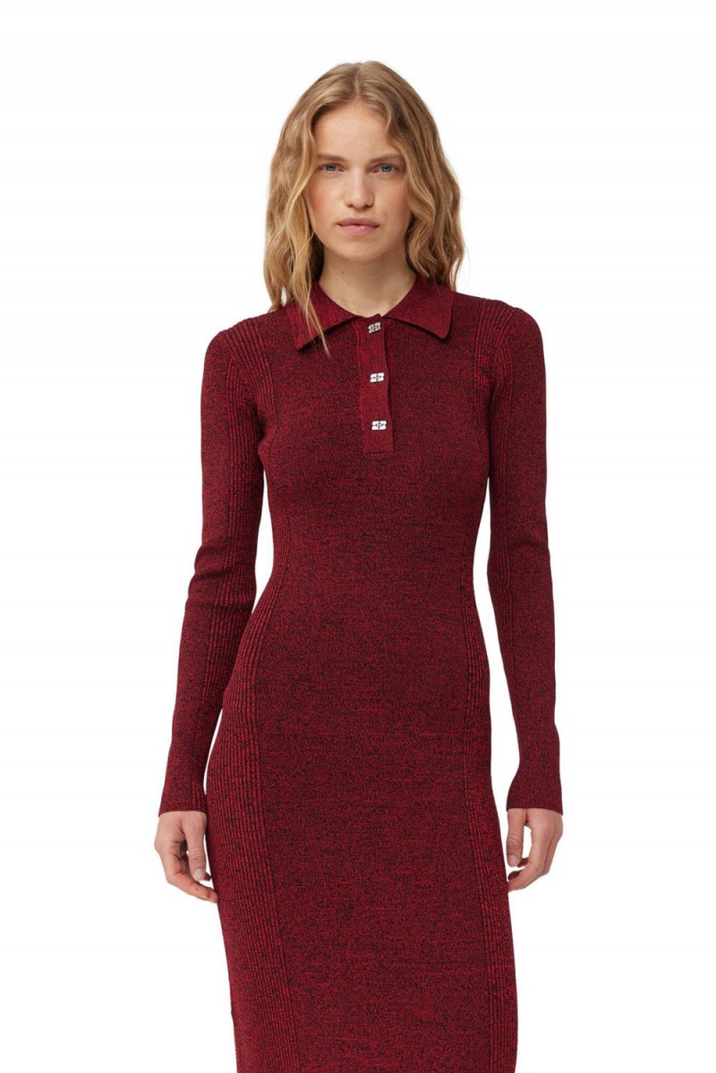 Red Women's Ganni Melange Rib Polo Dress | 81FBNVAJL