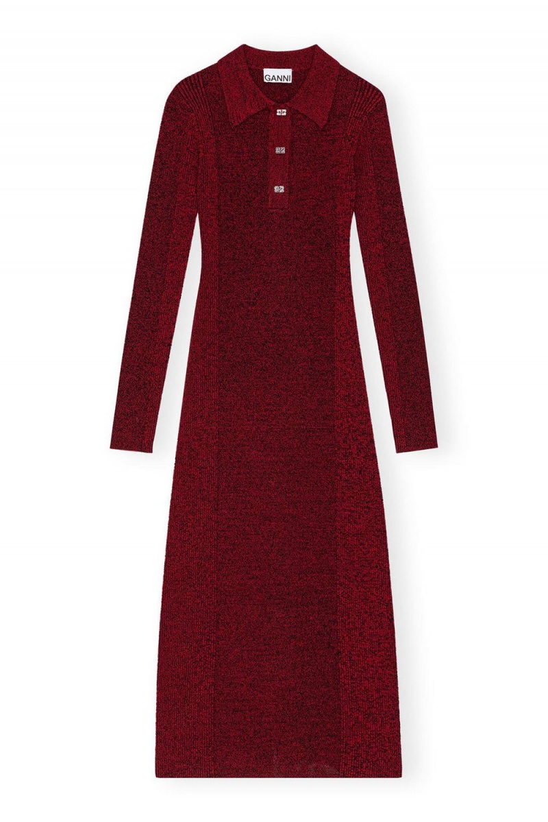 Red Women's Ganni Melange Rib Polo Dress | 81FBNVAJL