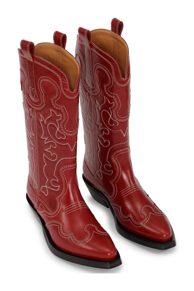 Red Women's Ganni Mid Shaft EmbroideWestern Boots | 59XUJBWVA