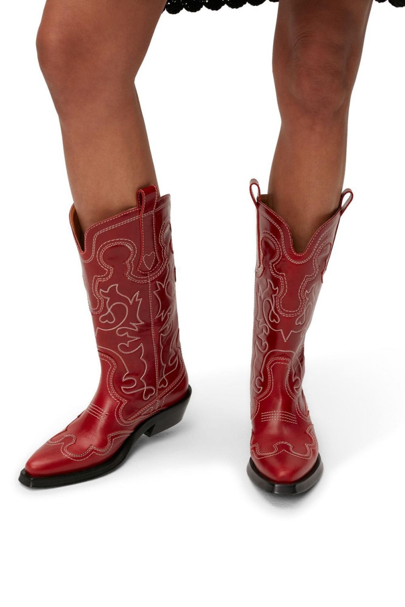 Red Women's Ganni Mid Shaft EmbroideWestern Boots | 59XUJBWVA