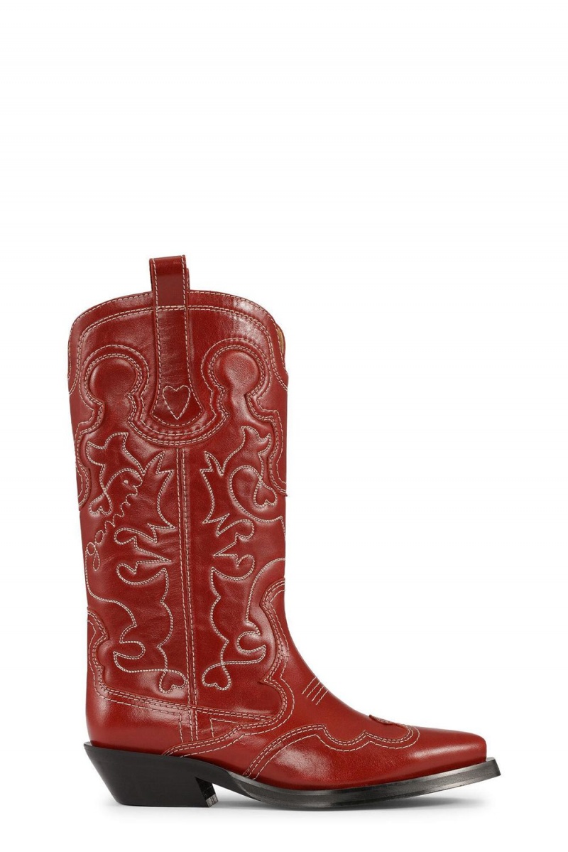 Red Women\'s Ganni Mid Shaft EmbroideWestern Boots | 59XUJBWVA