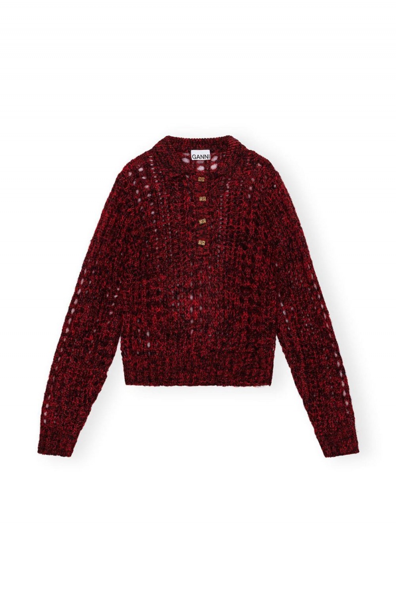 Red Women's Ganni Mohair Lace Polo Sweater | 09RCAHYJG