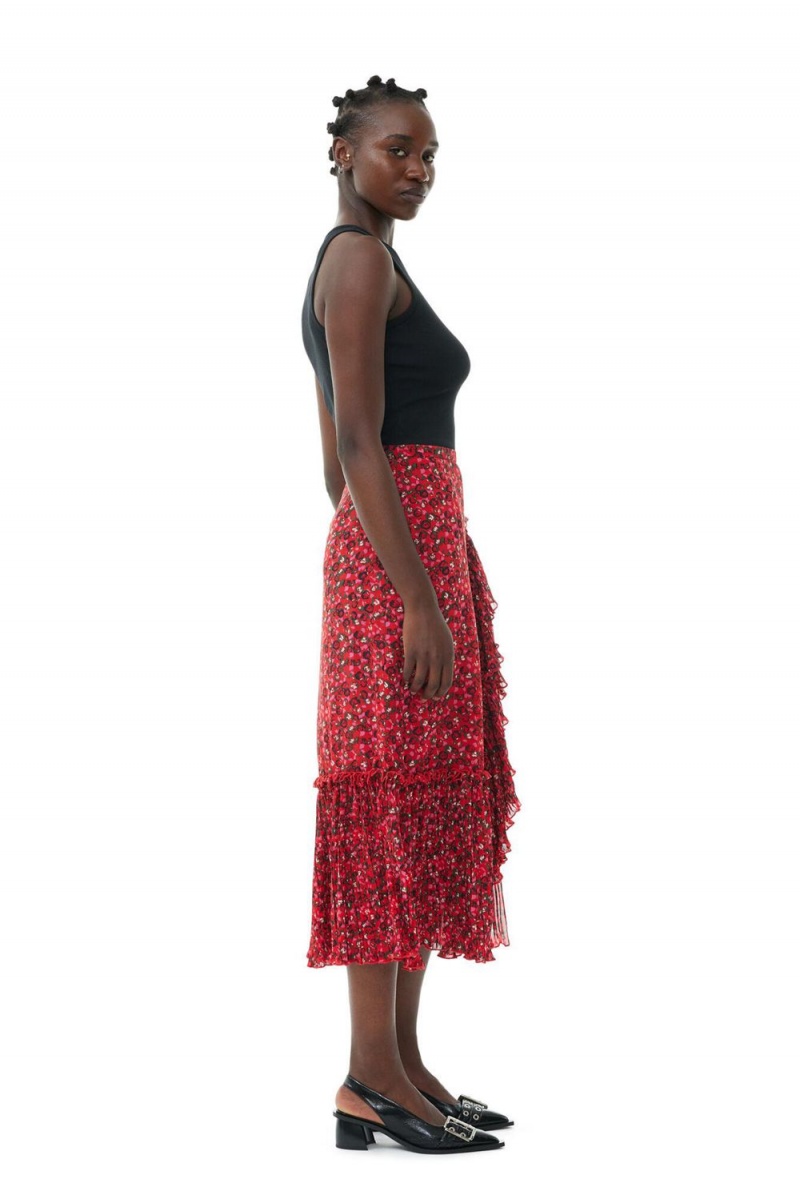 Red Women's Ganni Pleated Georgette Flounce Midi Skirt | 95LGTKIZU