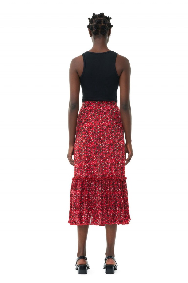 Red Women's Ganni Pleated Georgette Flounce Midi Skirt | 95LGTKIZU