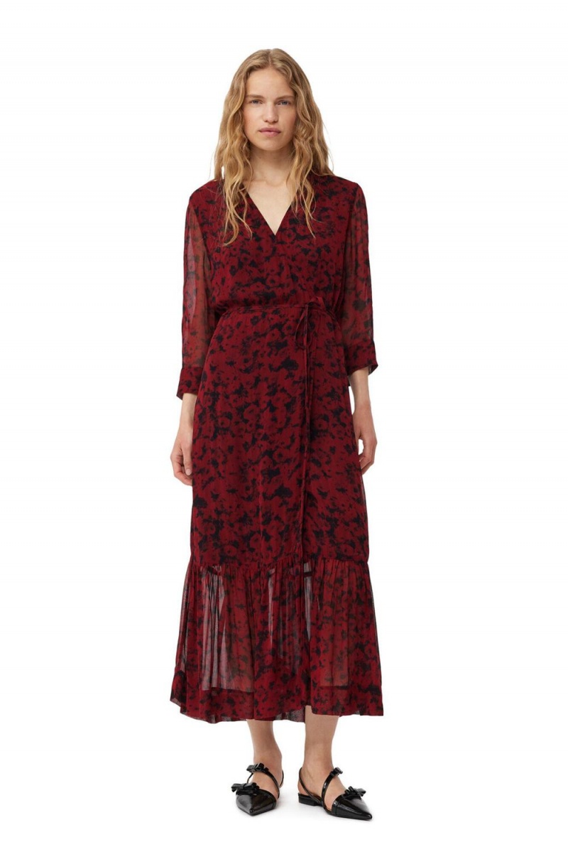 Red Women\'s Ganni Printed Light Georgette Wrap Midi Dress | 05FILXEDV