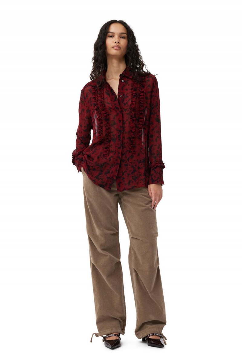 Red Women's Ganni Printed Light Georgette Ruffle Shirts | 53YQVUZLO