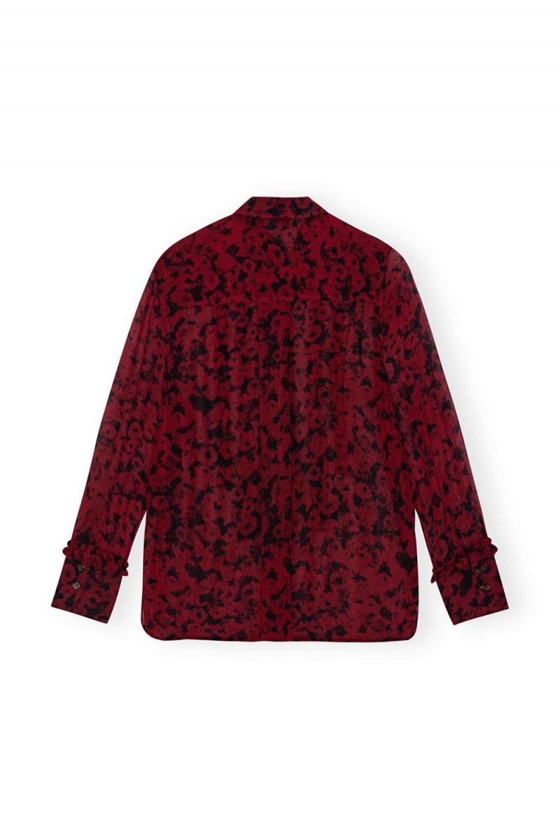 Red Women's Ganni Printed Light Georgette Ruffle Shirts | 53YQVUZLO