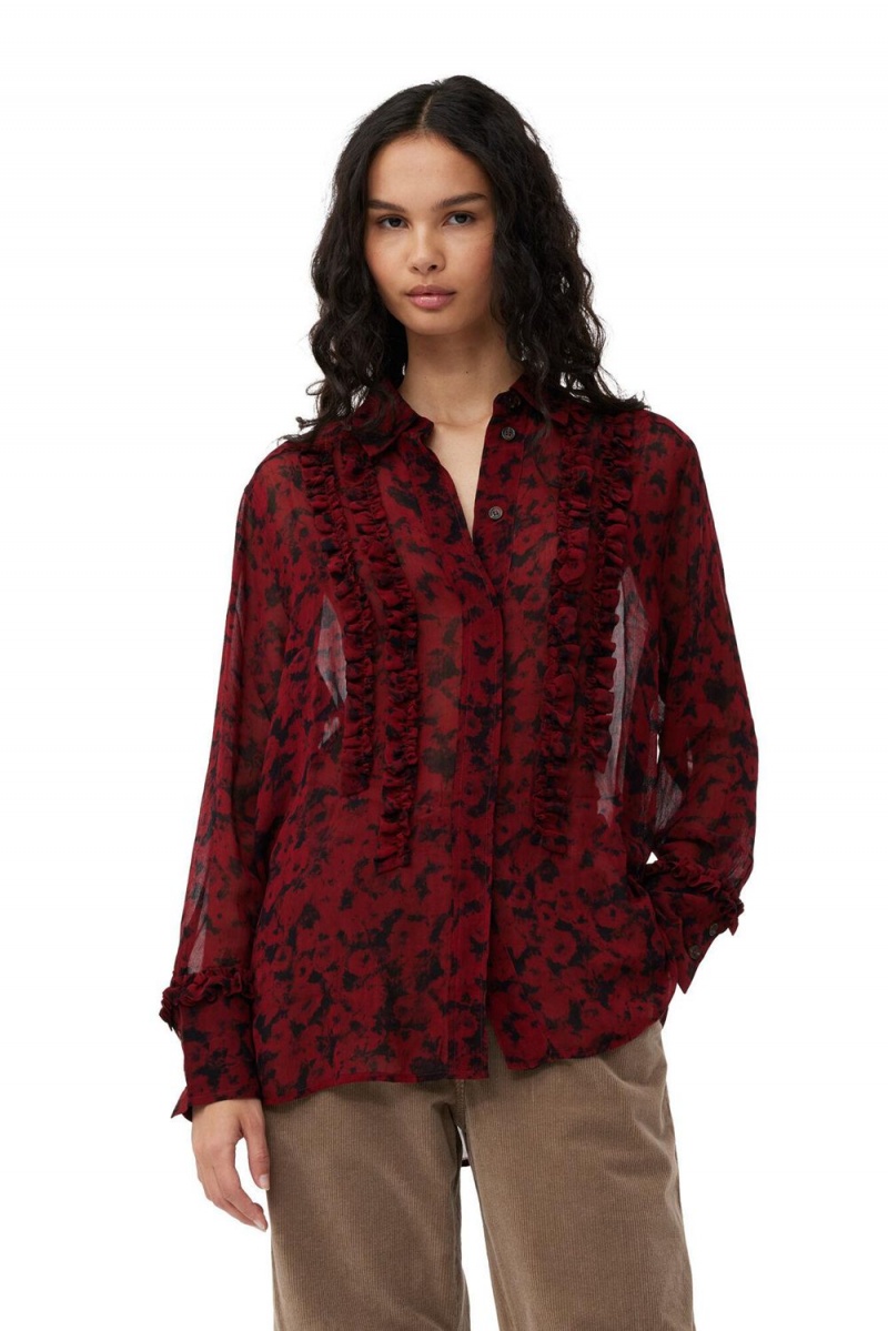 Red Women\'s Ganni Printed Light Georgette Ruffle Shirts | 53YQVUZLO