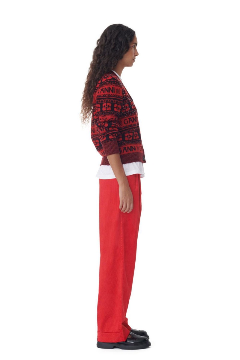 Red Women's Ganni Sequins Logo Wool Mix Cardigan | 43CYPGWFX