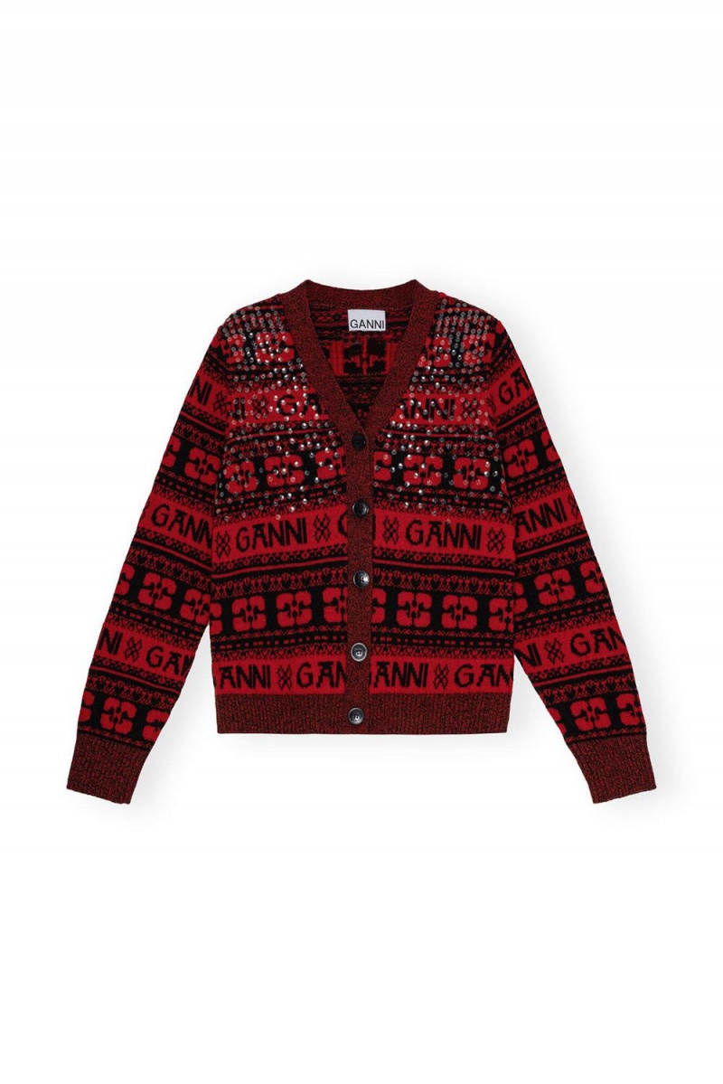 Red Women's Ganni Sequins Logo Wool Mix Cardigan | 43CYPGWFX