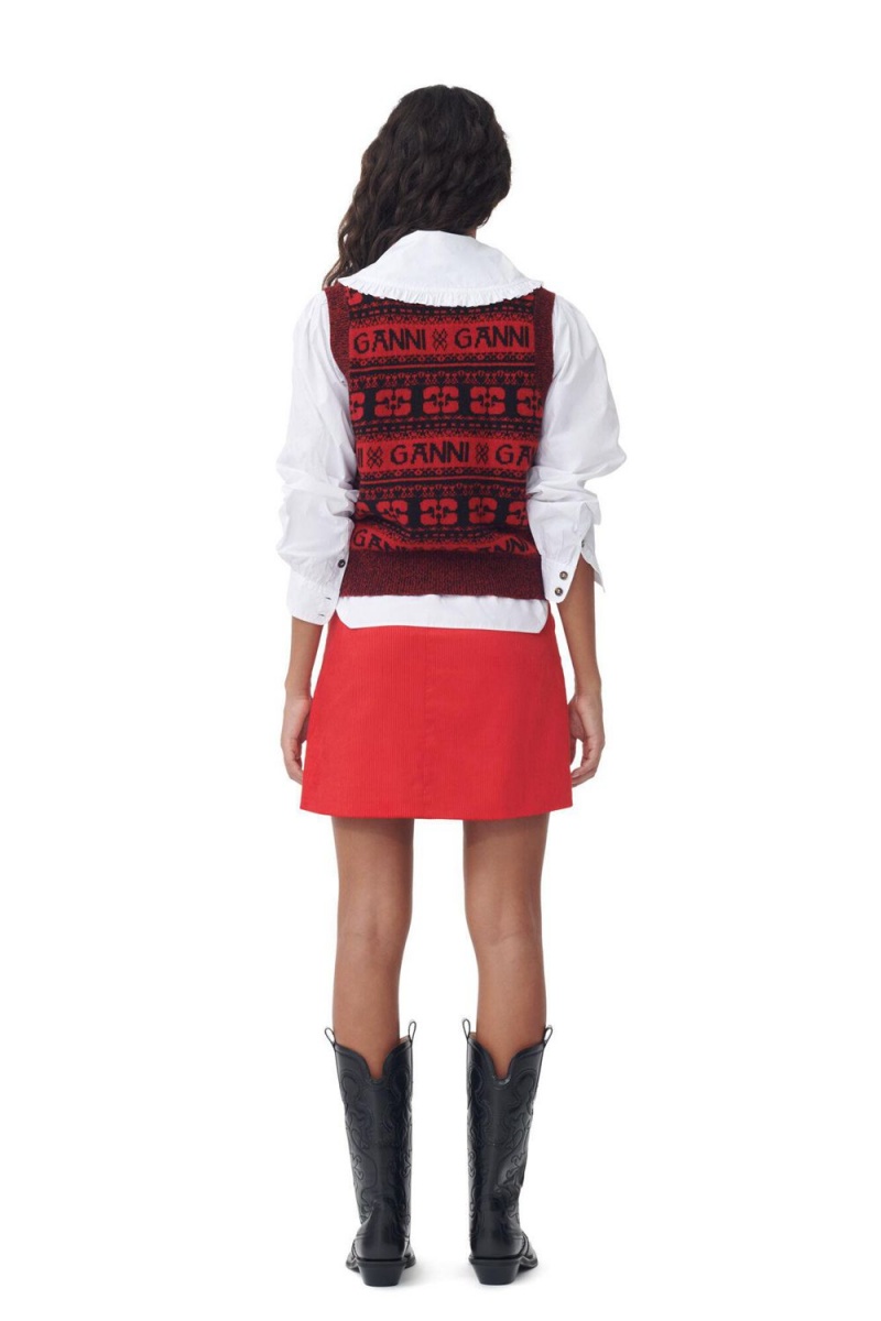 Red Women's Ganni Sequins Logo Wool Mix Vest | 14ZLIQVDH