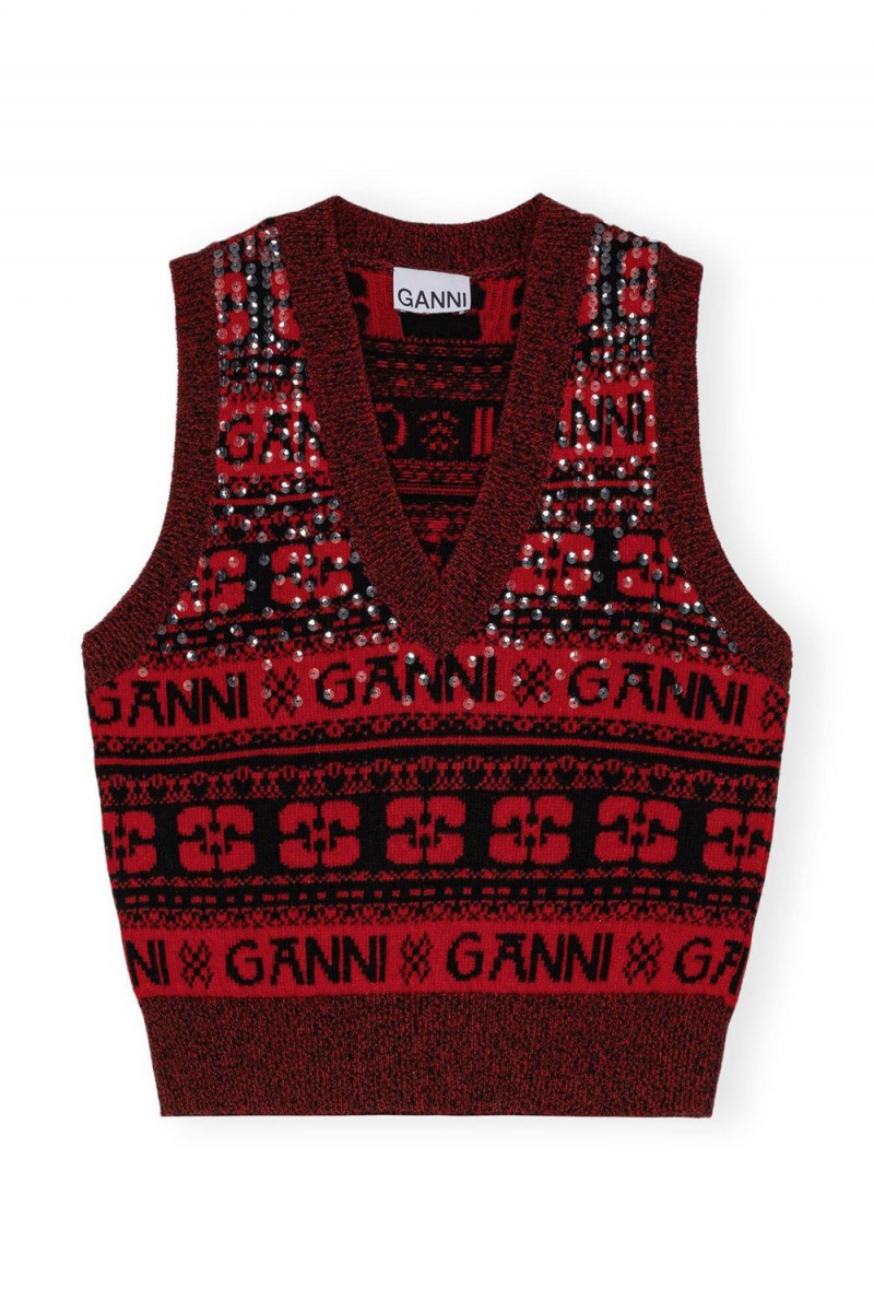 Red Women's Ganni Sequins Logo Wool Mix Vest | 14ZLIQVDH