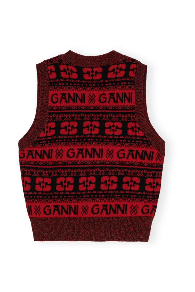 Red Women's Ganni Sequins Logo Wool Mix Vest | 14ZLIQVDH