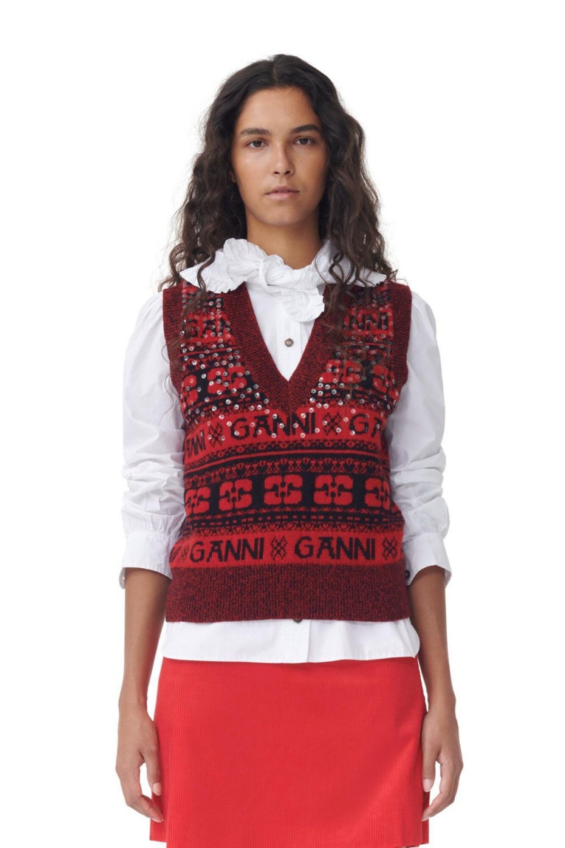 Red Women\'s Ganni Sequins Logo Wool Mix Vest | 14ZLIQVDH