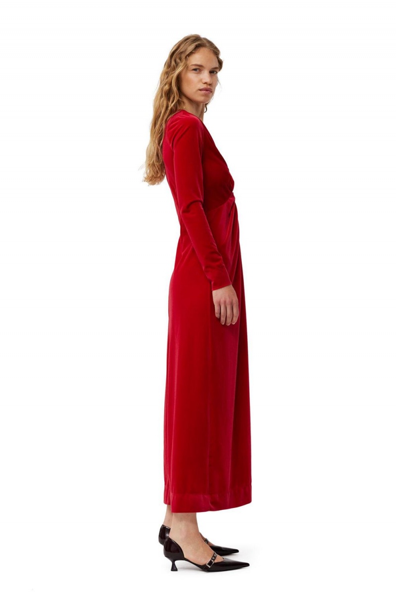 Red Women's Ganni Velvet Jersey Twist Long Dress | 23PJMAVQC