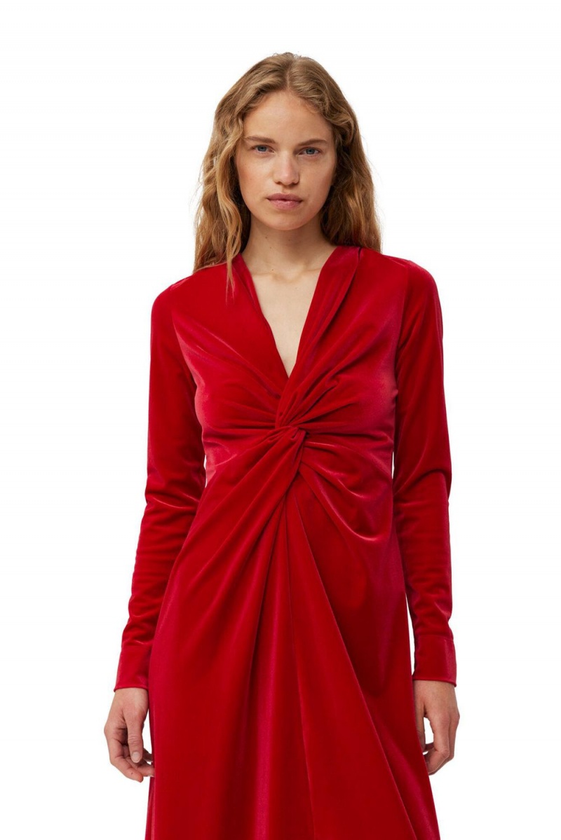 Red Women's Ganni Velvet Jersey Twist Long Dress | 23PJMAVQC