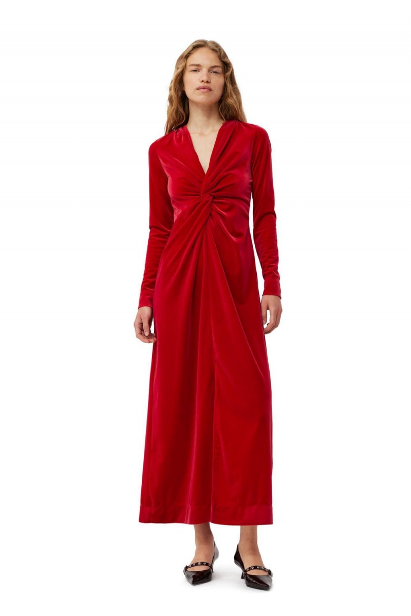 Red Women\'s Ganni Velvet Jersey Twist Long Dress | 23PJMAVQC