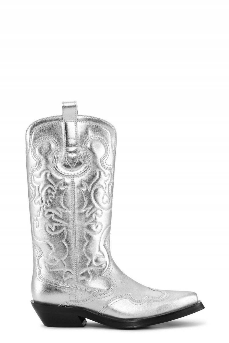 Silver Women\'s Ganni Silver Mid Shaft Embroidered Western Boots | 16WXLJQKB