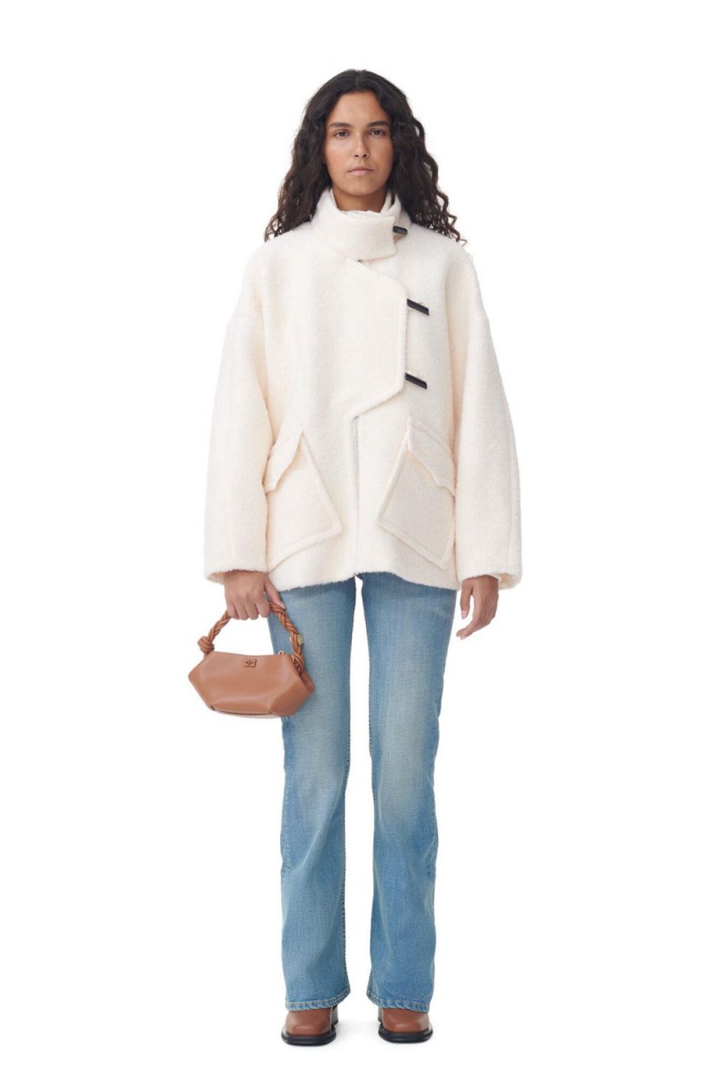 White Women\'s Ganni Boucle Wool Shoulder Jacket | 46BCZETFN