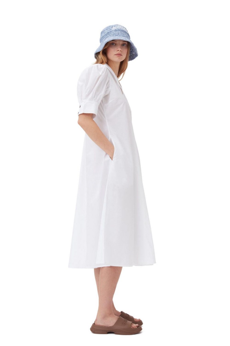 White Women's Ganni Cotton Poplin Collar Midi Dress | 81NVIMYPC