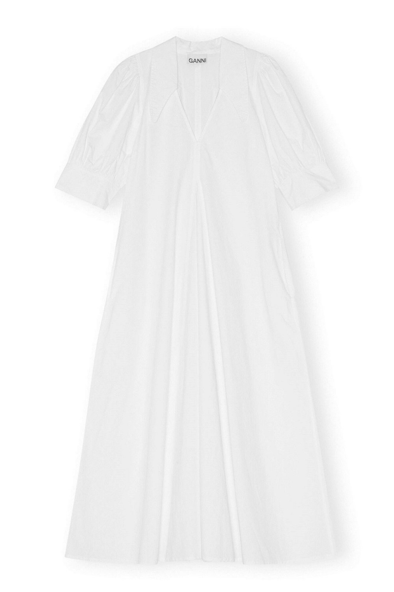 White Women's Ganni Cotton Poplin Collar Midi Dress | 81NVIMYPC