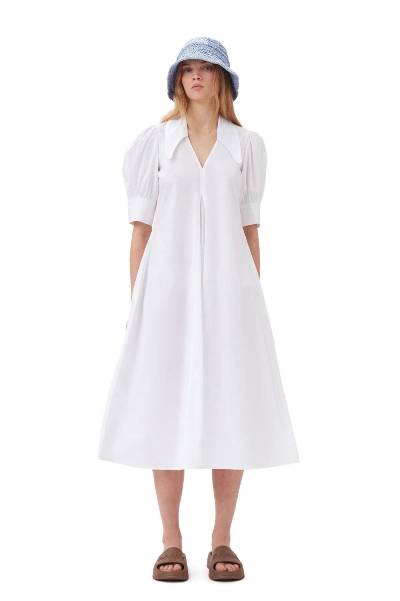 White Women\'s Ganni Cotton Poplin Collar Midi Dress | 81NVIMYPC