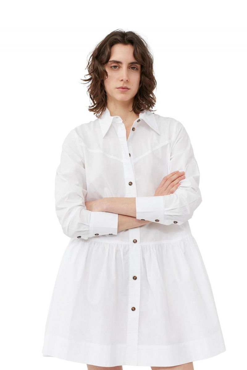 White Women's Ganni Cotton Poplin Mini Shirt Dress | 10BSCVJKW