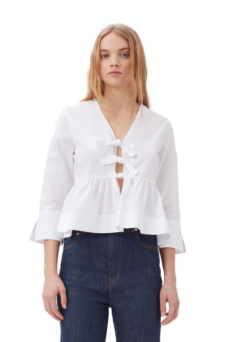 White Women\'s Ganni Cotton Poplin Tie String Peplum Blouse | 19UWYRNCT