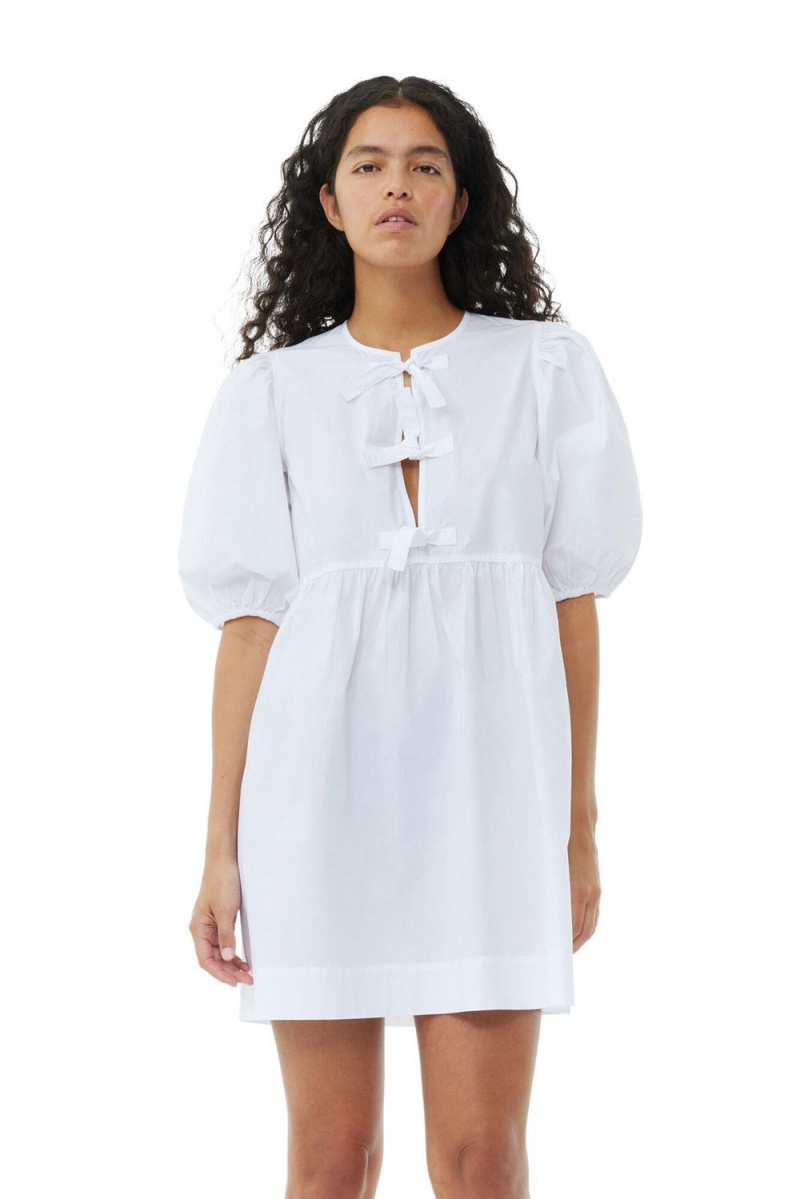 White Women's Ganni Cotton Poplin Tie String Mini Dress | 75CVFDLRG