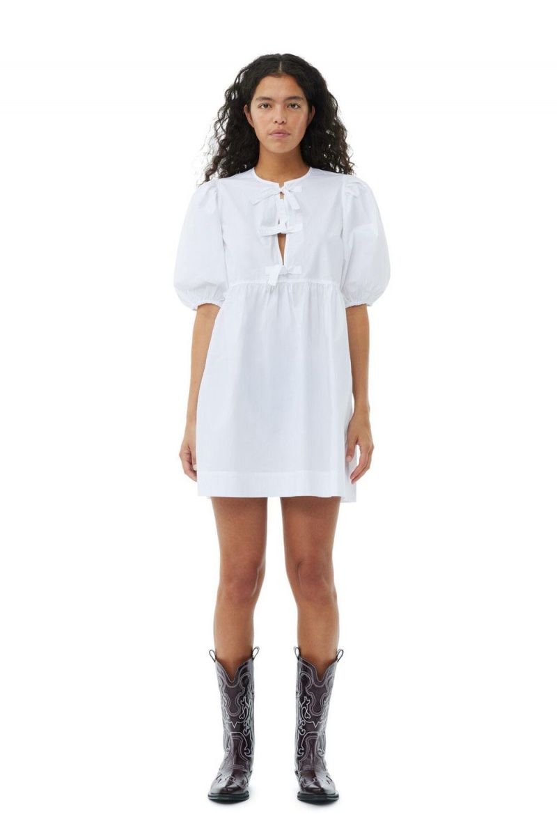 White Women\'s Ganni Cotton Poplin Tie String Mini Dress | 75CVFDLRG