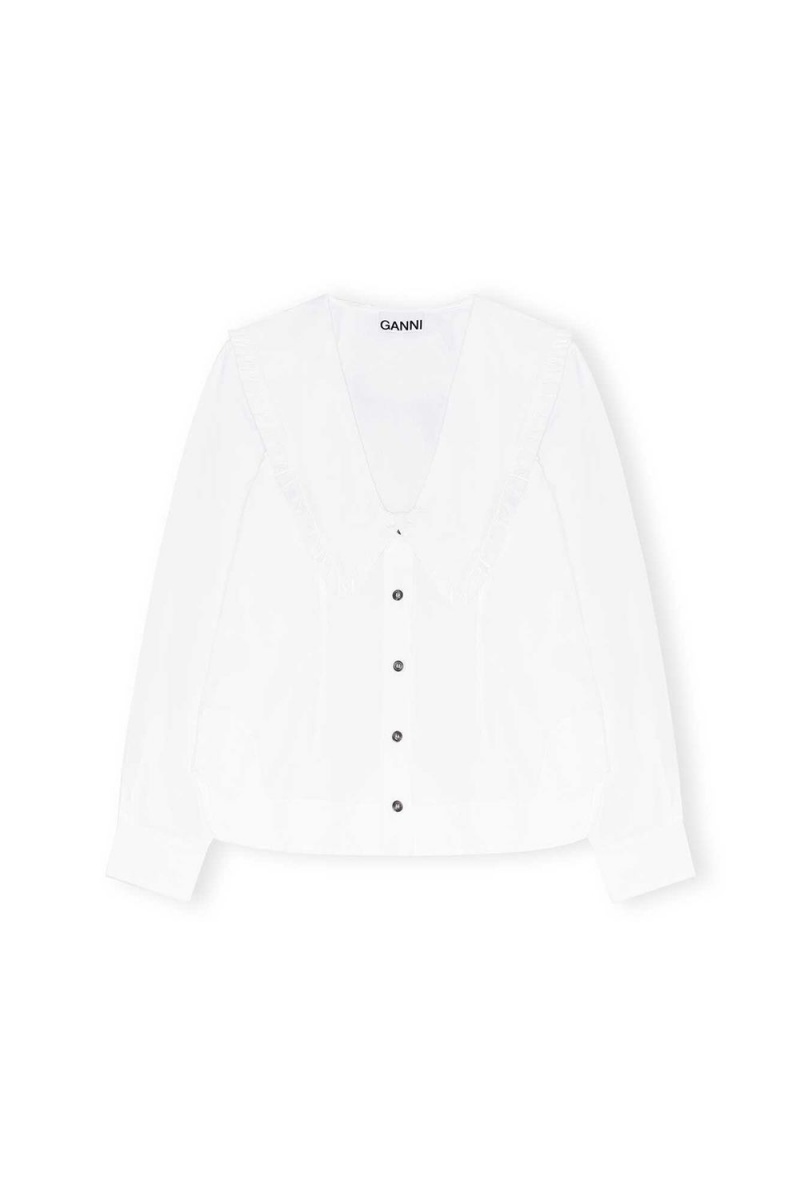 White Women's Ganni Cotton Poplin V-neck Frill Collar Shirts | 31IGJNYQW