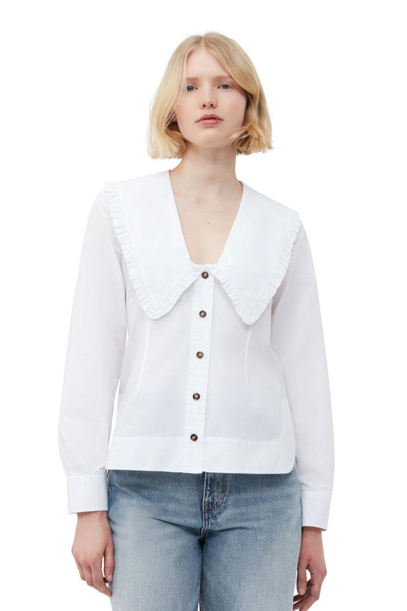 White Women\'s Ganni Cotton Poplin V-neck Frill Collar Shirts | 31IGJNYQW