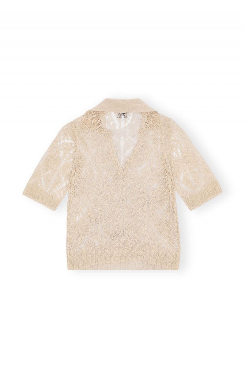 White Women's Ganni Egret Cotton Lace Polo Sweater | 69PJGMFBV