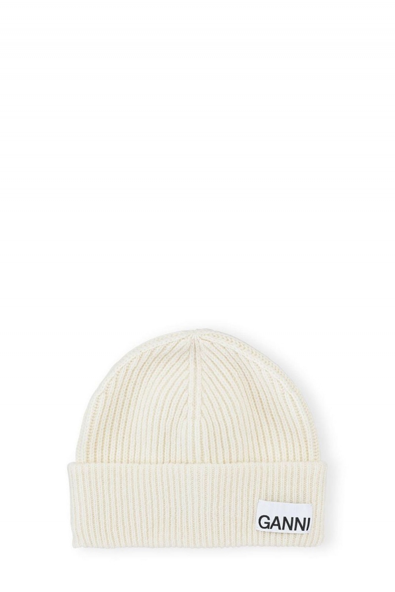 White Women\'s Ganni Fitted Wool Rib Knit Beanie | 29QLXGBDE