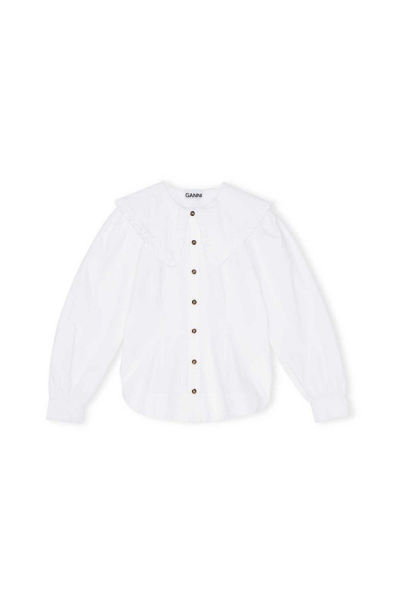 White Women's Ganni Frill Collar Poplin Shirts | 91FDMLIBC