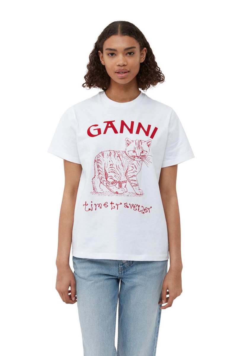 White Women's Ganni Future White Jersey Relaxed Embroidered T-Shirt | 70VBITJQF