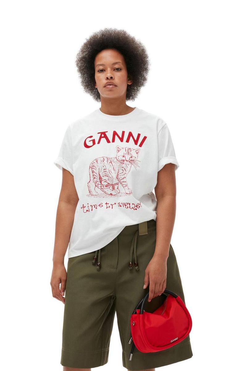 White Women's Ganni Future White Jersey Relaxed Embroidered T-Shirt | 70VBITJQF